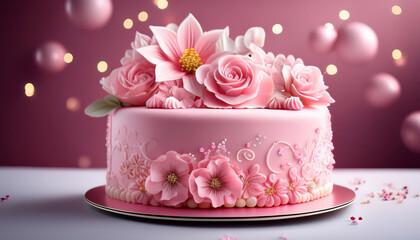 elegant pink cartoon birthday cake with smooth icing and a floral decoration