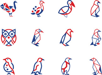 Twelve abstract bird icons featuring red and blue geometric shapes stand against a white background