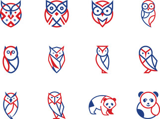 Twelve line animal icons depict owl variations and stylized pandas isolated on white