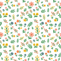 Seamless Hand Drawn Floral Pattern with Colorful Wildflowers and Leaves, Spring and Summer Nature Background