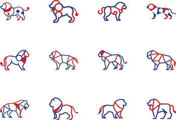 Twelve distinct lions are depicted in a blue and red color scheme on a white backdrop