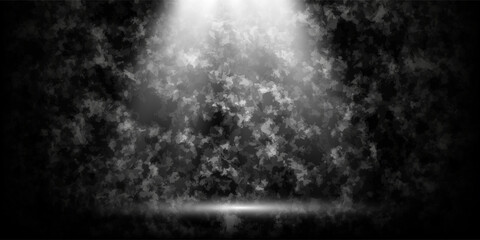 Product showcase with spotlight. Black studio room background. Use as montage for product display .Abstract blank black concrete wall and studio room with smoke floating on interior fabric