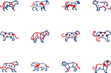 Twelve isolated blue and red lion icons are arranged symmetrically against a transparent white backdrop
