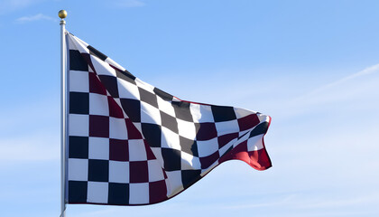 Checkered race flag waving on sky, colorful. White tone