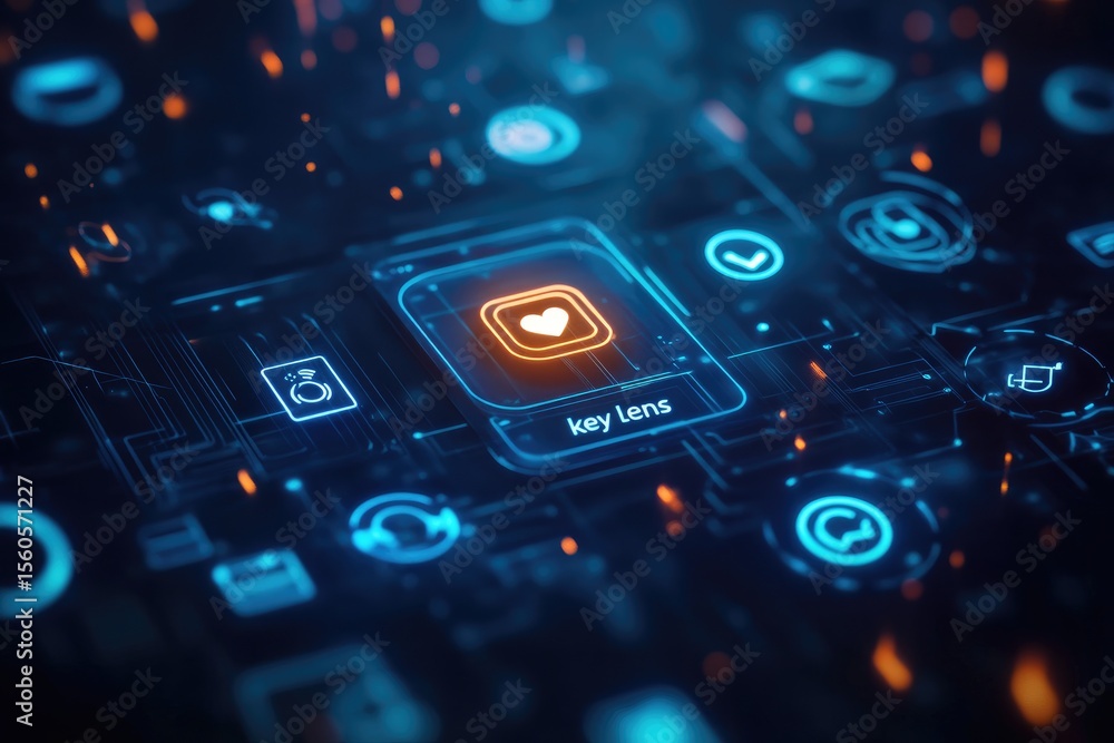 Poster digital interface with glowing icons, circuit patterns, and a highlighted heart symbol