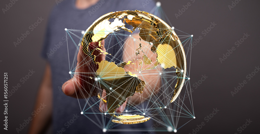 Poster image of a person interacting with a digital globe, representing global connectivity and business.