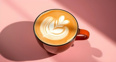 A cup of cappuccino on a pink background 