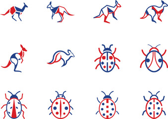 Red and blue kangaroos hop near stylized ladybugs, set against a white background