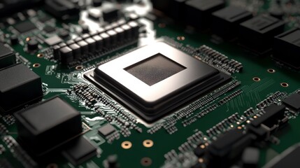 Close-up of a central processing unit (CPU) on a green circuit board. (1)