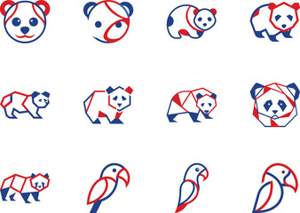 Blue and red minimalistic animals, pandas and parrots, showcasing logos on white background, transparent