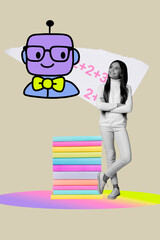 Banner image artwork exclusive collage of happy teenager schoolgirl stand book stack artificial...