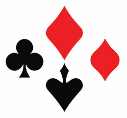 A clear image showcasing four classic playing card suits: a black club, a red diamond, a black spade, and a smaller red diamond, arranged on a white background.