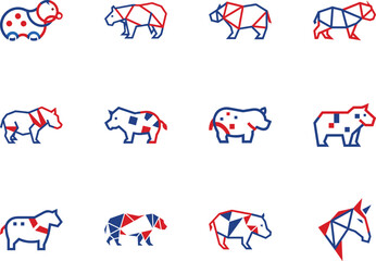 A collection of diverse red and blue animal icons displayed on a white background