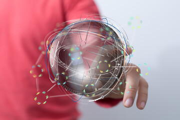 Abstract image of a hand holding a digital globe, representing global network and technology.