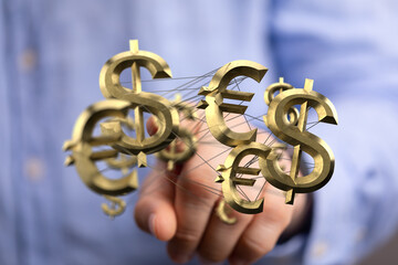 Image of interconnected dollar and euro symbols, representing global finance and currency exchange.