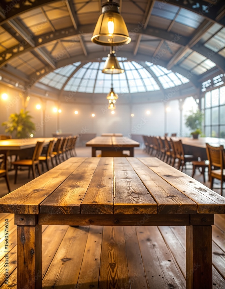 Poster a rustic wooden table with a polished surface, surrounded by elegant chairs, set against a backdrop 