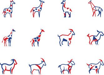 Colorful red and blue giraffes and goats are featured against a transparent background