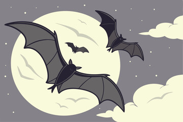 Flying Bats Silhouette with Full Moon
