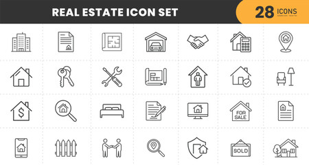  Real estate flat icons collection. Real estate search, home sale and rental. Realtor, key, buy, sell, kitchen, bedroom, house.
