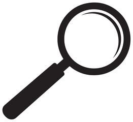 A black silhouette of a magnifying glass with a circular lens and a handle extending downwards to the left.