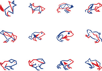 Foxes and frogs are stylized with geometric shapes outlined in red and blue on white