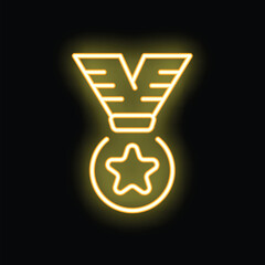 Yellow neon sign of a medal with a star on a black wall, a symbol of victory and achievement