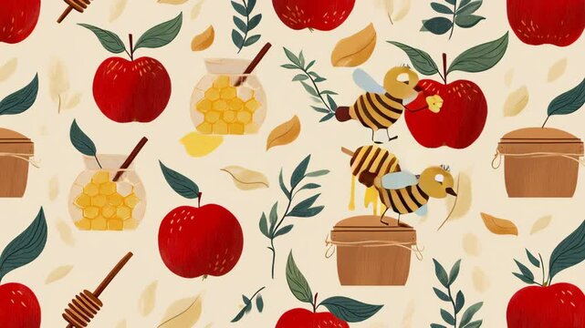 Cute bees with apples and honey in hand-drawn repeating pattern for Jewish holiday decor, kids' crafts, wrapping paper, kitchen textiles, and eco-themed seasonal illustrations. 4K, motion