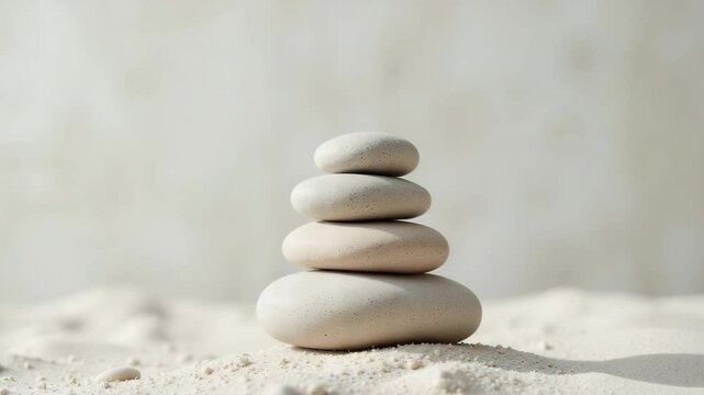 Stacked smooth stones on sand against a light background  
