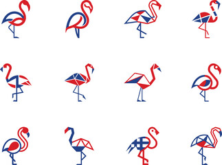 Twelve stylized flamingo birds with red and blue design elements stand on a white backdrop