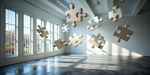 Wooden puzzle pieces float in a sunlit empty room, representing the potential for new beginnings and the journey of building something from the ground up.