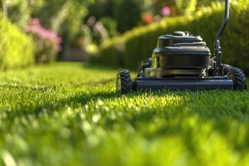 Fototapeta premium A black lawnmower cuts a vibrant green lawn. Blurred background showcases a garden setting