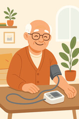 Happy old man measuring blood pressure at home. Senior character using a digital tonometer for health monitoring. Hypertension prevention, cardiology, and healthy lifestyle concept.