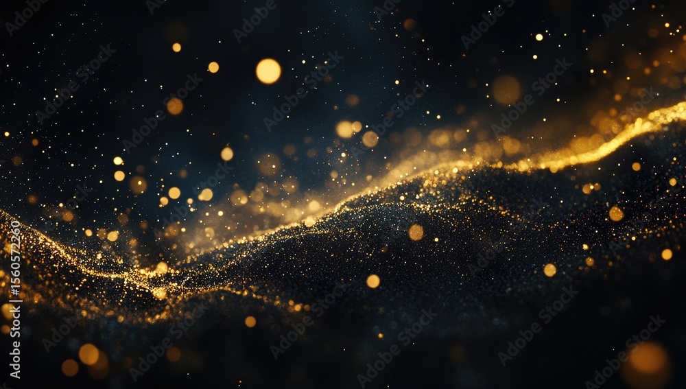 Poster golden particles flow over dark background. abstract digital art of a textured surface with golden p