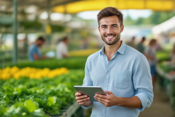 A smiling young man in a light blue shirt holds a tablet while standing in a lush greenhouse filled with greenery.