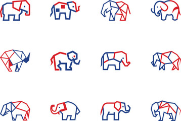 Twelve geometric elephant animal drawings with red and blue line art stand against a white backdrop