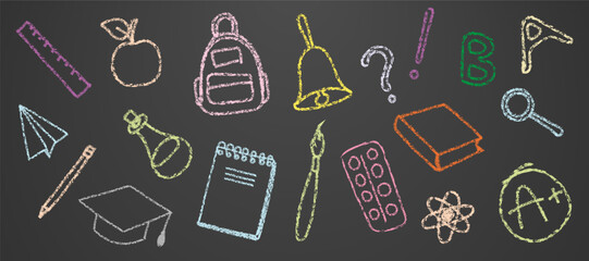 School office set, doodles painted in chalk on a dark school board background. Education sketchy with school supplies. Linear doodle style. Vector EPS10
