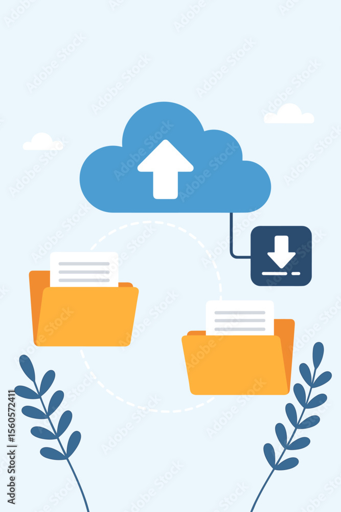 Poster cloud storage data transfer concept. upload and download files between folders and cloud server. doc