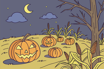 Pumpkin Patch Halloween Night Vector
