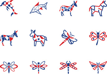 Blue and red animal icons featuring dolphins, donkeys, and dragonflies are displayed on white