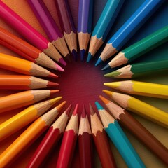 Fototapeta premium A vibrant and colorful array of drawing pencils arranged in a circular pattern forming a visually appealing spectrum of hues