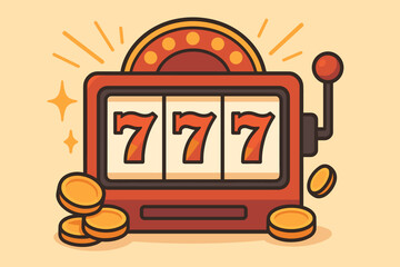 Slot Machine Jackpot Win Vector Illustration, Triple Seven 777 Lucky Number, Casino Gambling, Big Win, Gold Coins, Super Prize, Modern Flat Cartoon, Gambling Success, Luck Concept
