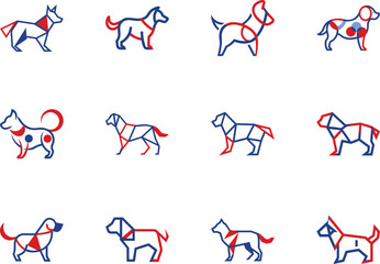 Twelve varied dog icons constructed from blue and red lines present on a white background