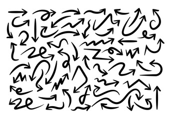 Hand drawn arrow vector icons set. Sketch arrows doodle collection. Simple black arrow vector illustration and png transparent
