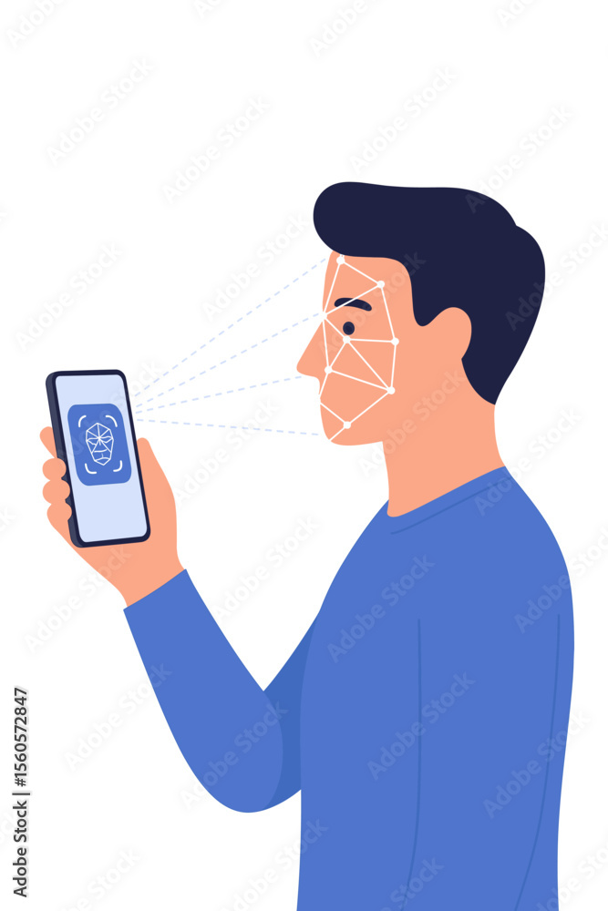 Poster face id recognition technology vector. man holding smartphone scanning facial biometrics for secure 