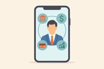 Virtual Business Assistant Mobile App Concept. Flat Vector Illustration of Businessman on Smartphone Screen with Banking, Finance, Money Management, Credit Card, Investment, Financial Technology Icons