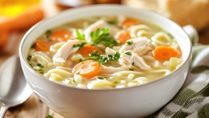 Creamy chicken noodle soup in a white bowl