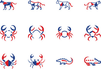 Red and blue geometric animals and crabs stand out against a transparent backdrop