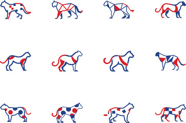 Twelve big cat emblems display red and blue abstract patterns over a white background