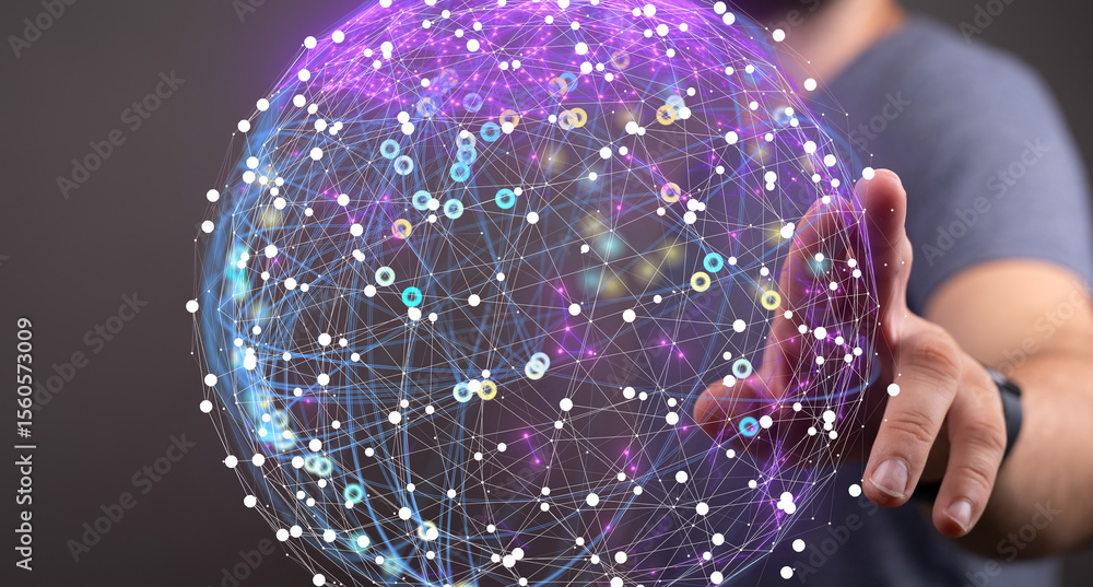 Poster abstract image of a person interacting with a digital global network. represents connection, technol