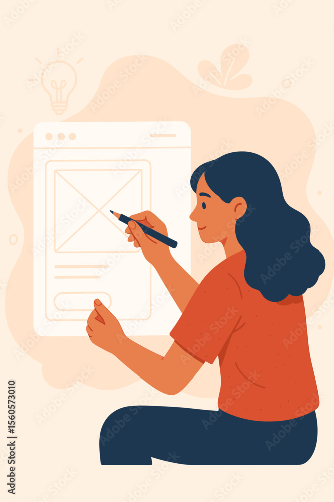 Poster female ui ux designer sketching website interface wireframe. creative woman drawing application layo